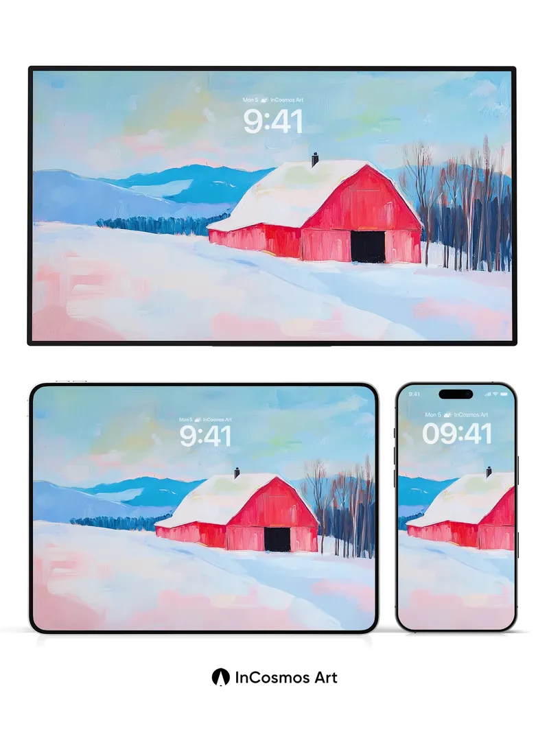 Frost-Hushed Barn Wallpaper with Snow-Drifted Silence