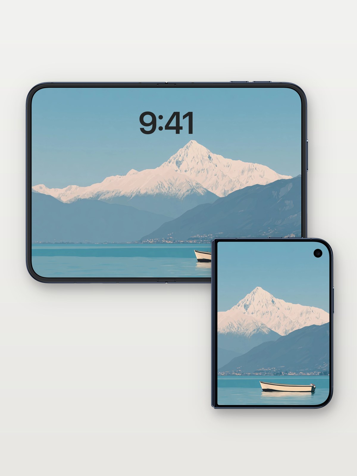 Alpine Serenity Lake Wallpaper with Snowy Mountain Backdrop on iPhone Duo, open and closed