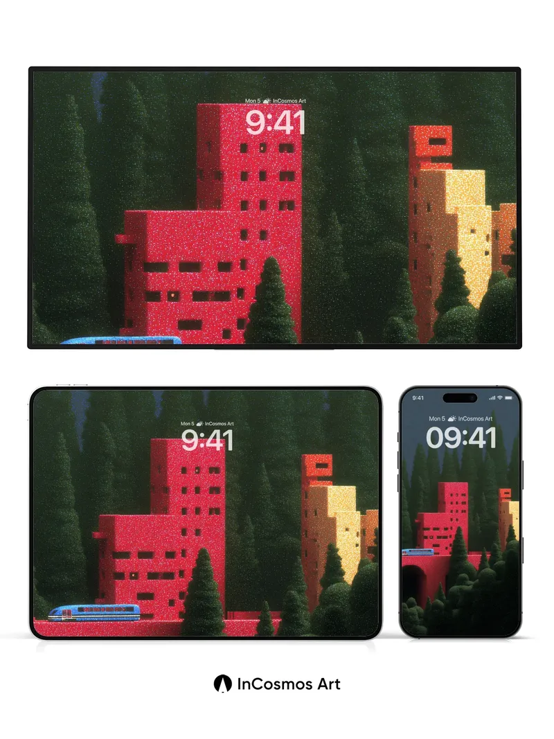 Surreal Forest Wallpaper with Pixelated City