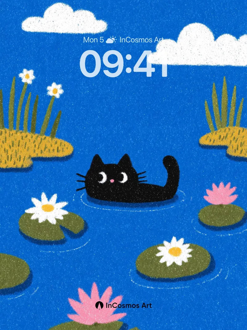 Whimsical Float Wallpaper with Black Cat and Lily Pads wallpaper for iPhone, iPad & Mac