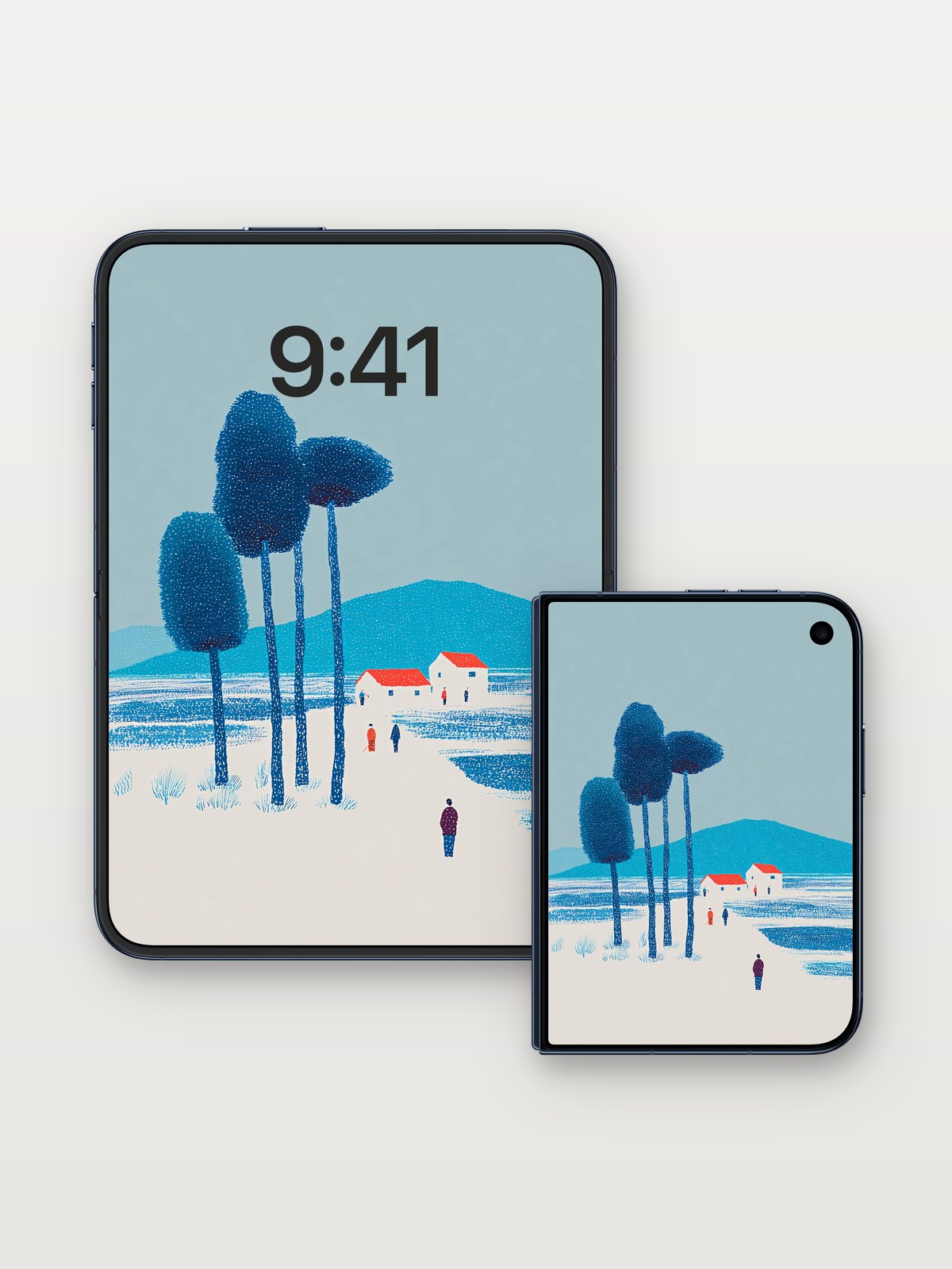 Serene Winter Landscape Wallpaper with Minimalist Trees on iPhone Duo, open and closed