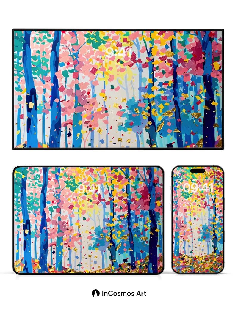 Chromatic Forest Wallpaper with Golden Leaves