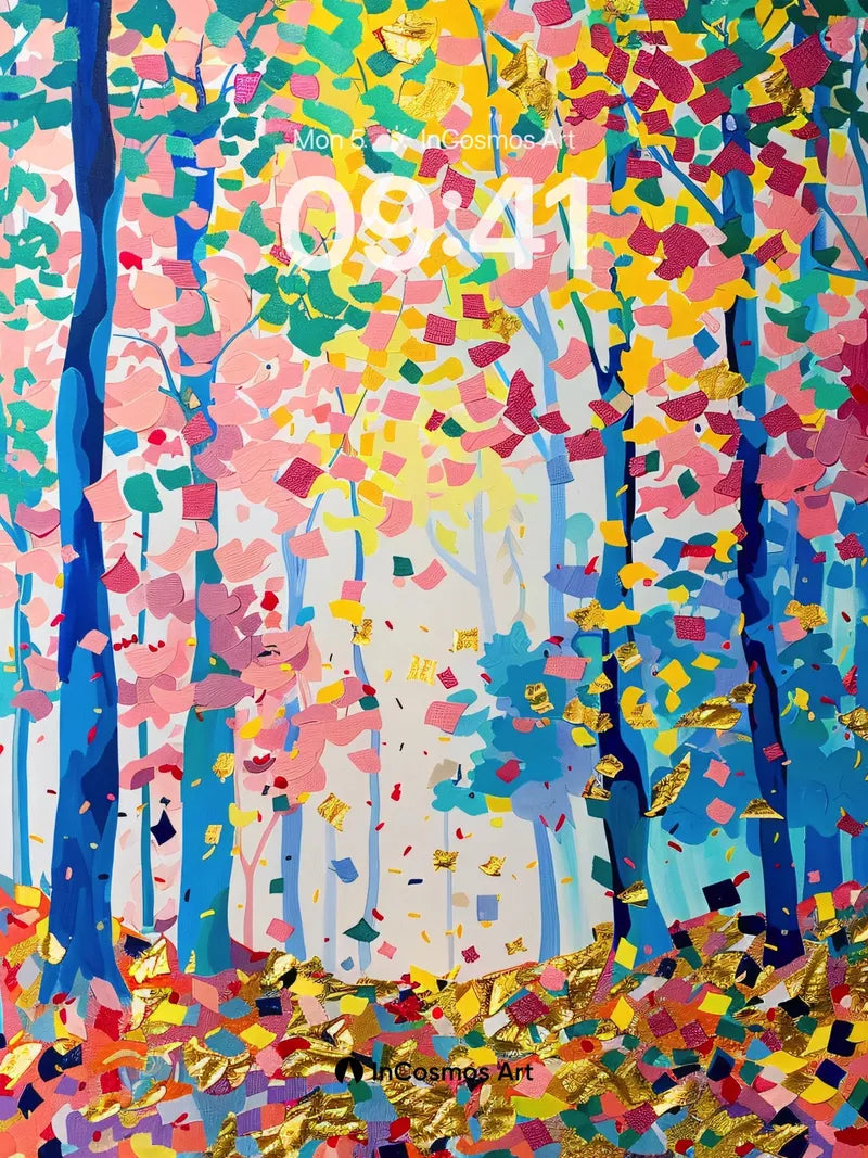 Chromatic Forest Wallpaper with Golden Leaves