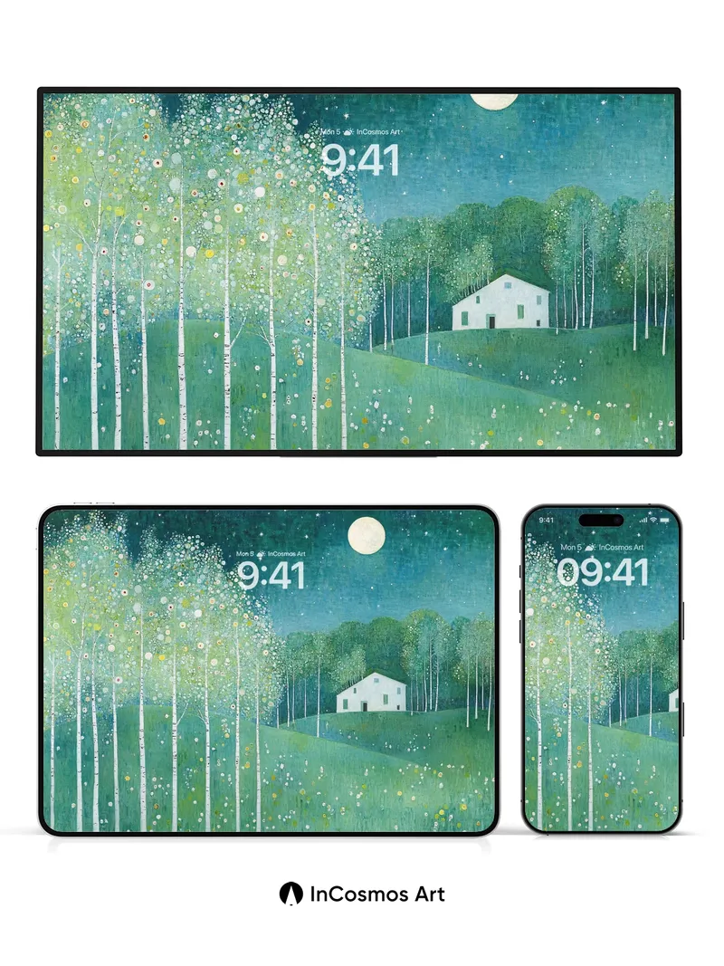 Moonlit Birch Forest Wallpaper with Whispering Light