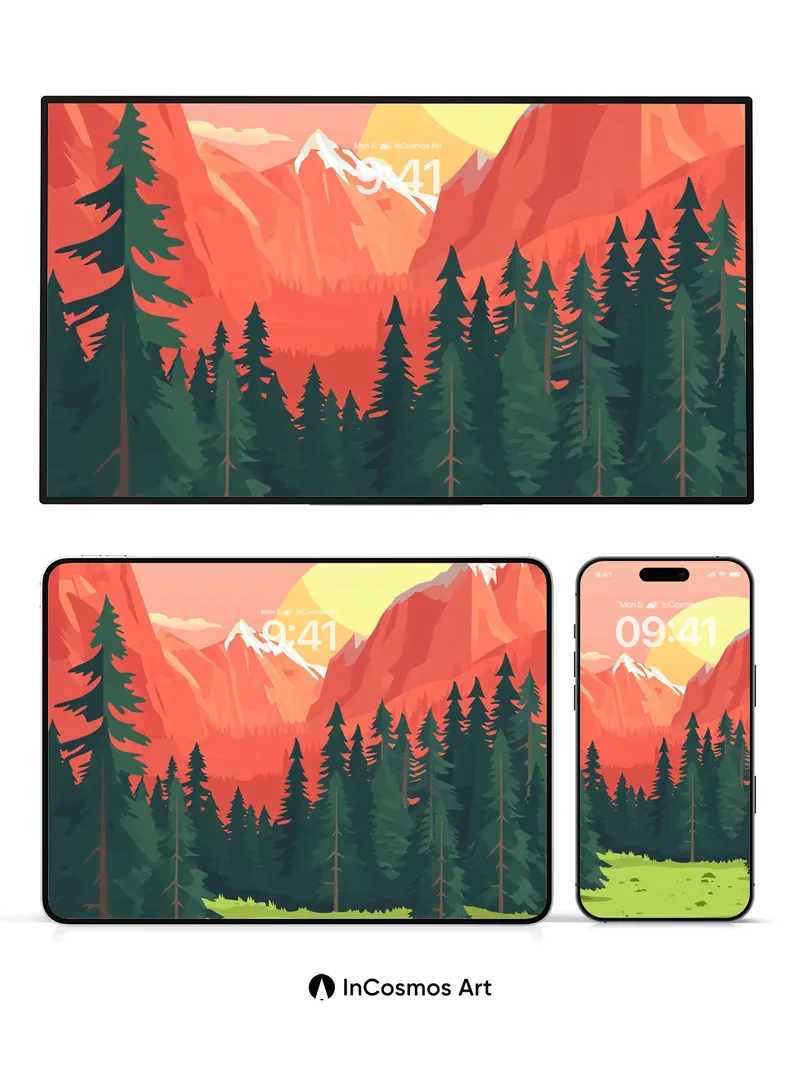 Crimson Valley Wallpaper with Sunlit Pines