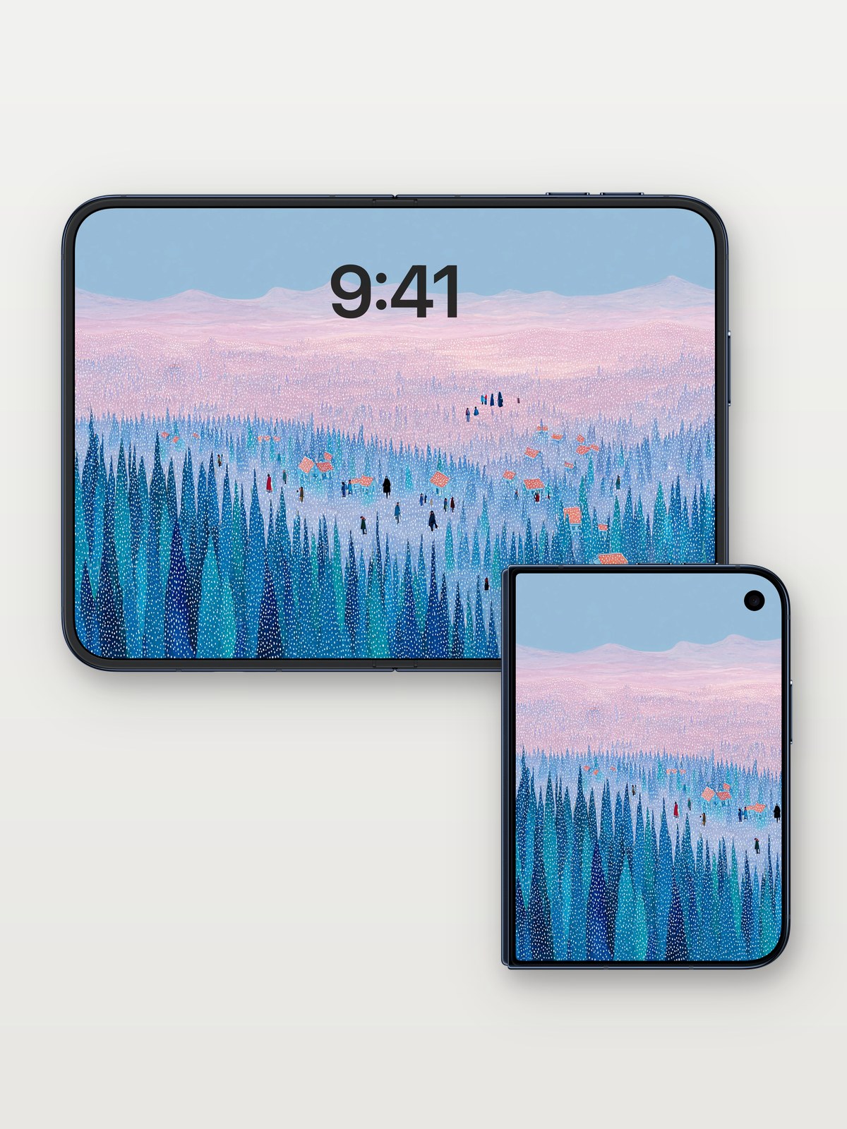 Winter Forest Village Wallpaper Background on iPhone Duo, open and closed