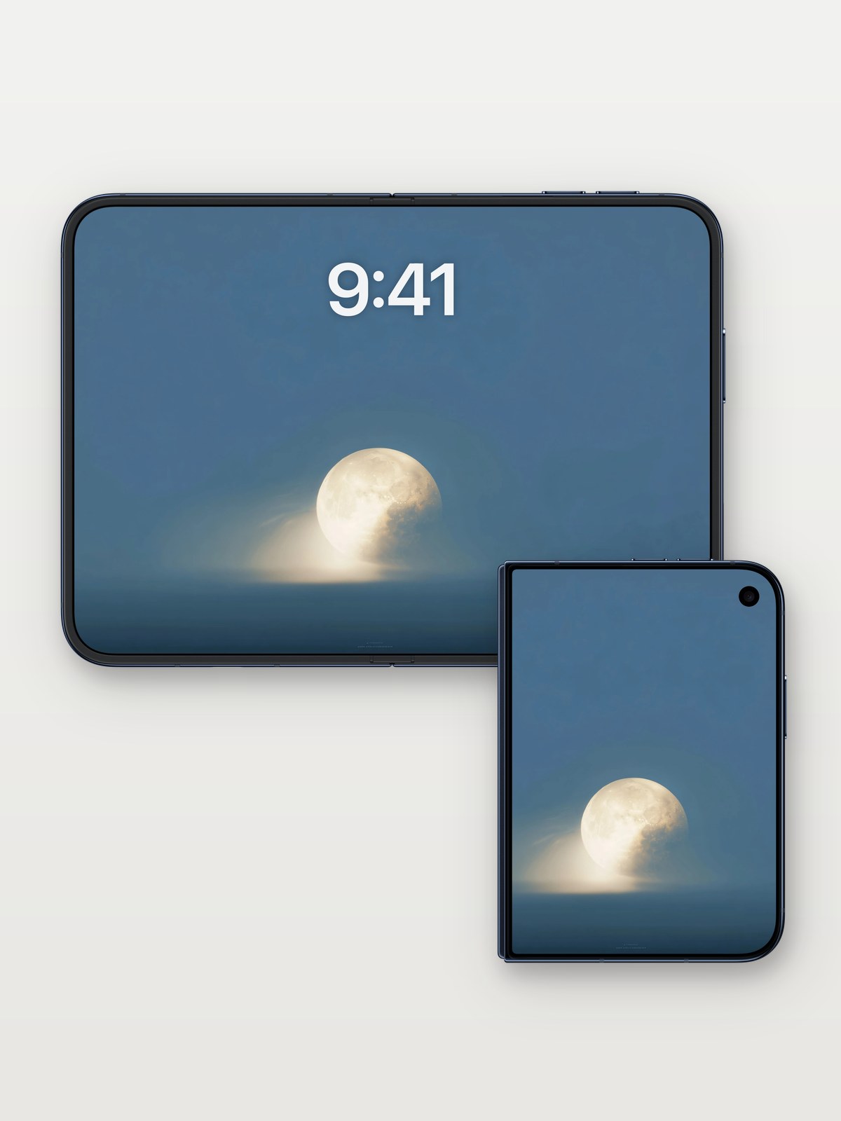 Moonlit Mist Serenity Wallpaper on iPhone Duo, open and closed