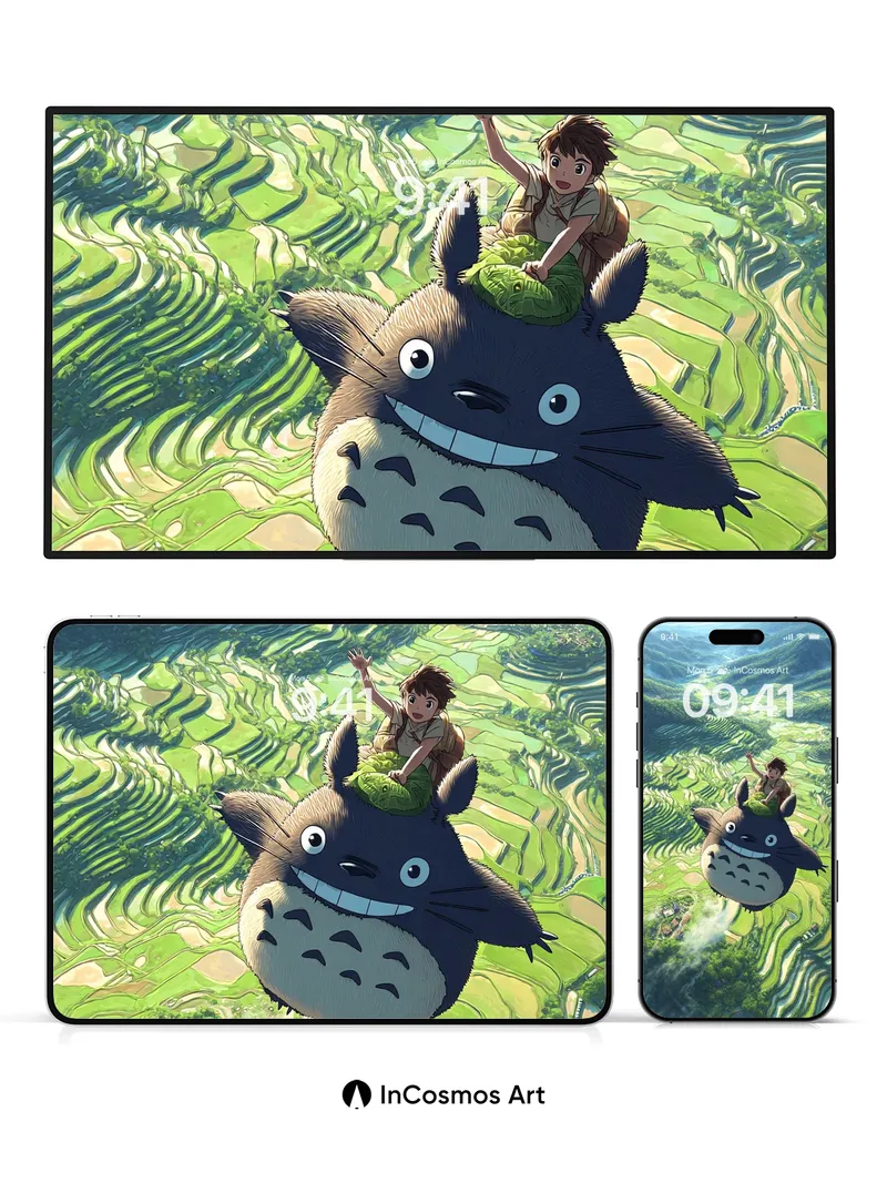 Whimsical Flight Wallpaper with Floating Totoro