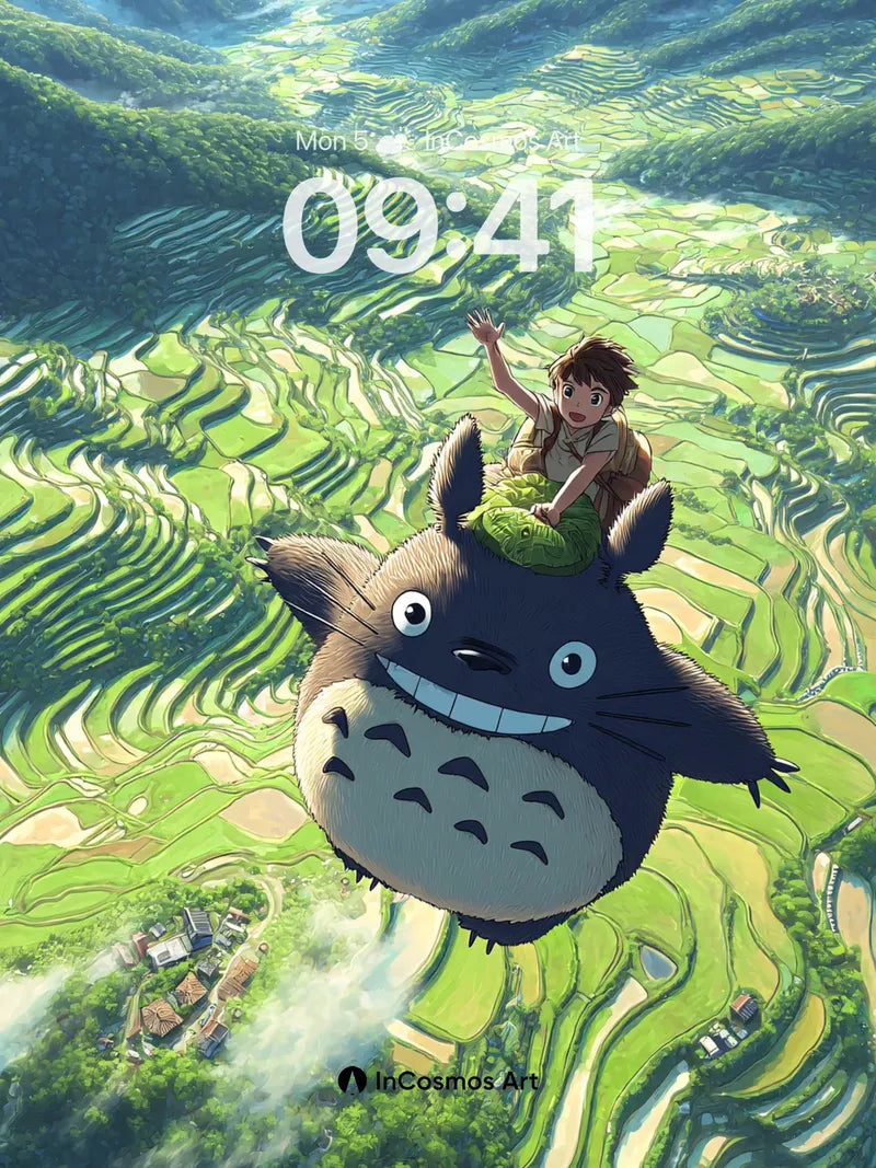 Whimsical Flight Wallpaper with Floating Totoro