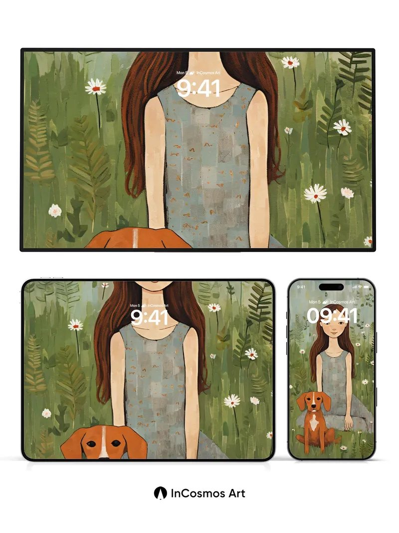Whispering Meadow Wallpaper with Canine Companion