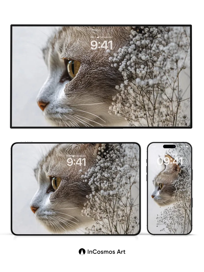 Serenity Bloom Wallpaper with Feline Whisper