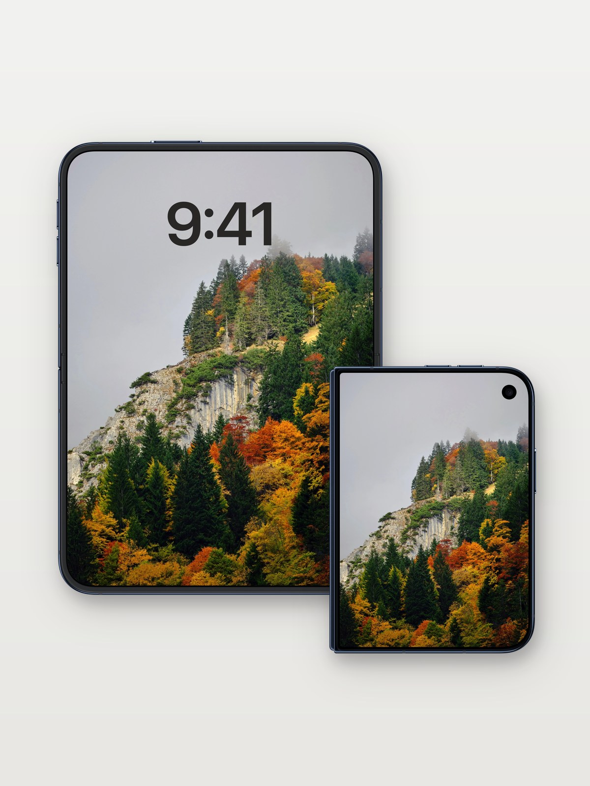 Autumn Hush Wallpaper with Mist-Crowned Cliffs on iPhone Duo, open and closed