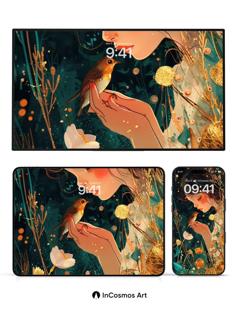 Whispering Forest Wallpaper with Golden Feathers