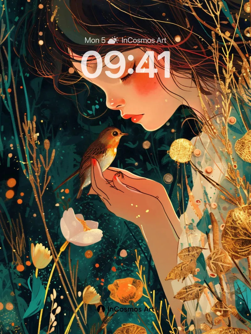 Whispering Forest Wallpaper with Golden Feathers