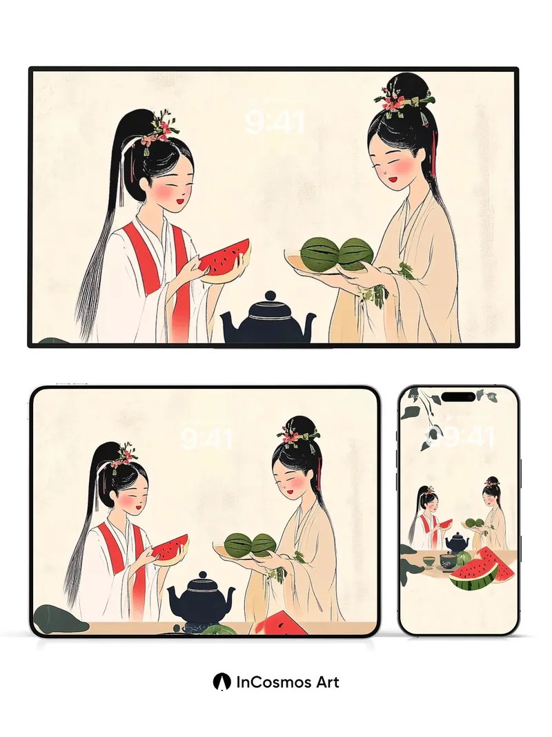 Serene Tea Ritual Wallpaper with Watermelon Grace