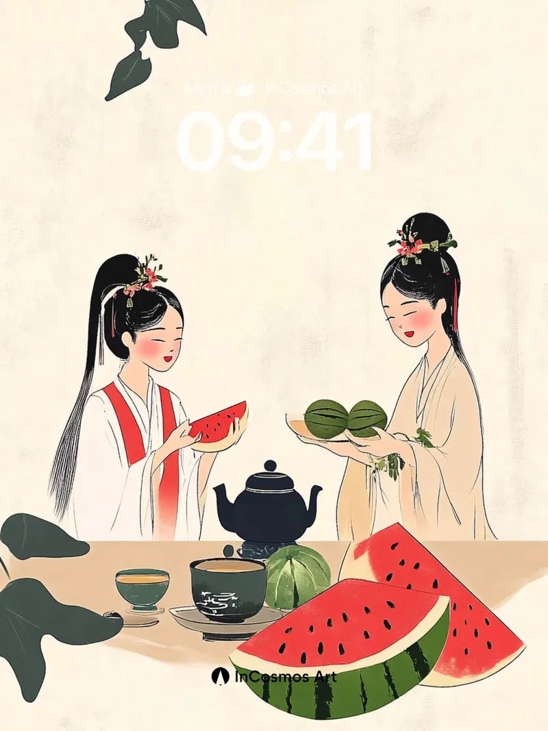 Serene Tea Ritual Wallpaper with Watermelon Grace