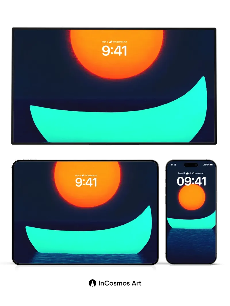 Neon Horizon Wallpaper with Floating Crescent