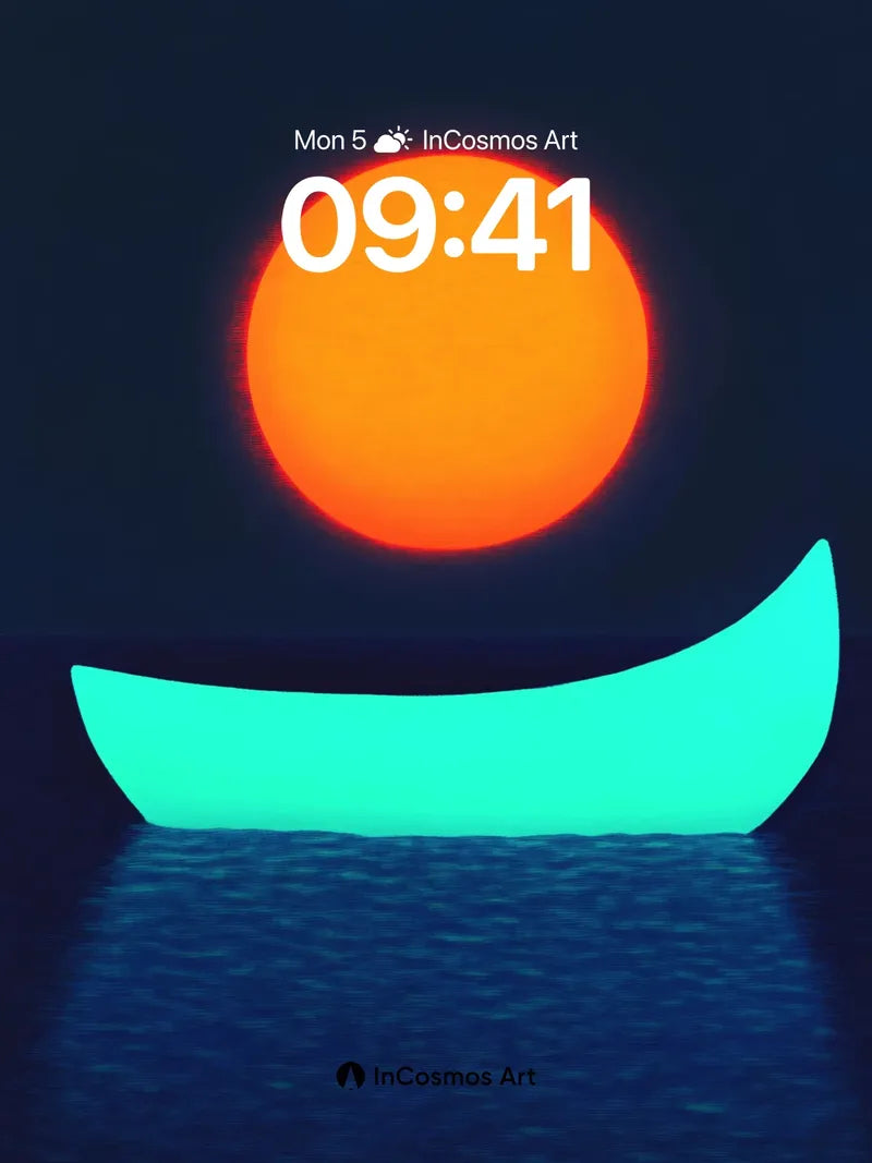Neon Horizon Wallpaper with Floating Crescent