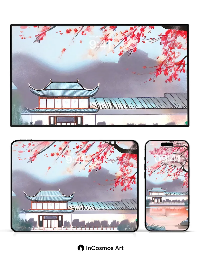 Serene Cherry Bloom Wallpaper with Reflective Water