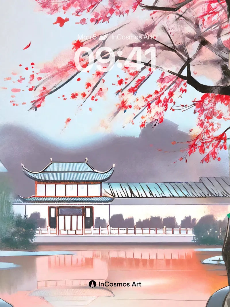 Serene Cherry Bloom Wallpaper with Reflective Water