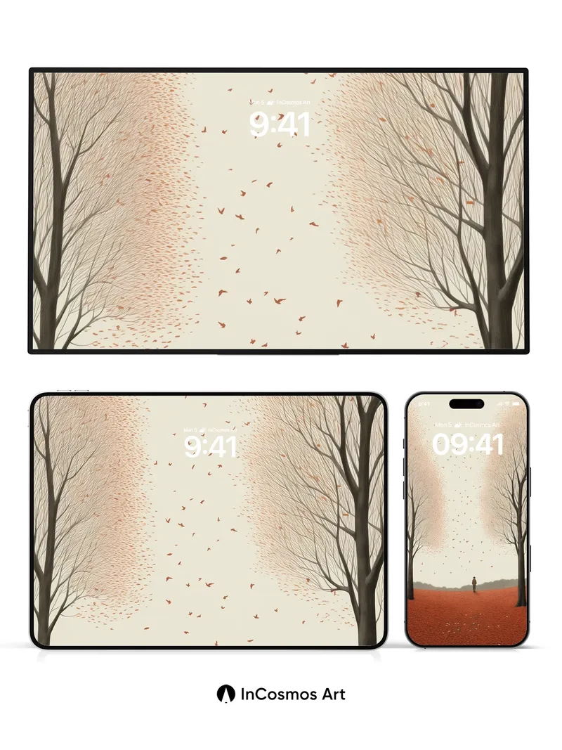 Autumn Hush Wallpaper with Floating Leaves