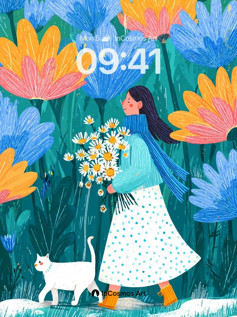 Whimsical Meadow Wallpaper with Daisies and Snow wallpaper for iPhone, iPad & Mac