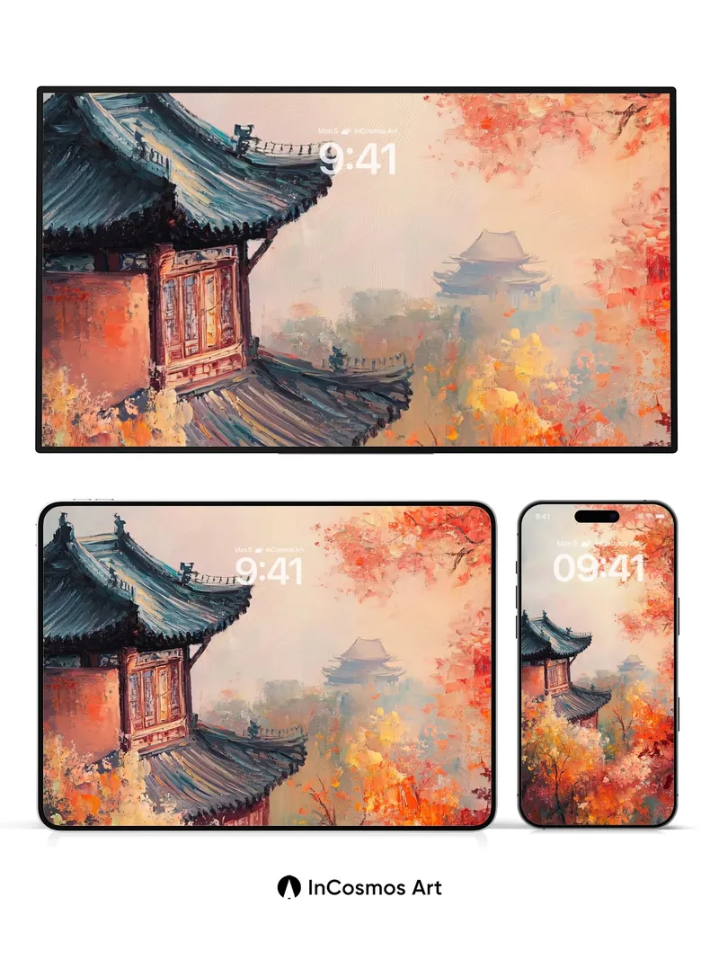 Autumn Hush Wallpaper with Floating Pavilions