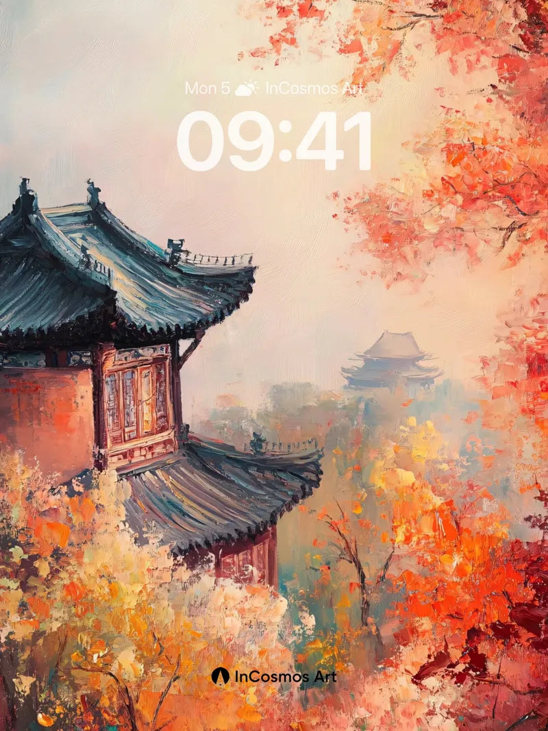 Autumn Hush Wallpaper with Floating Pavilions