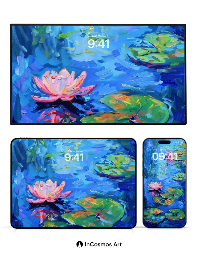 Luminous Waterlily Wallpaper with Monet's Brushstroke