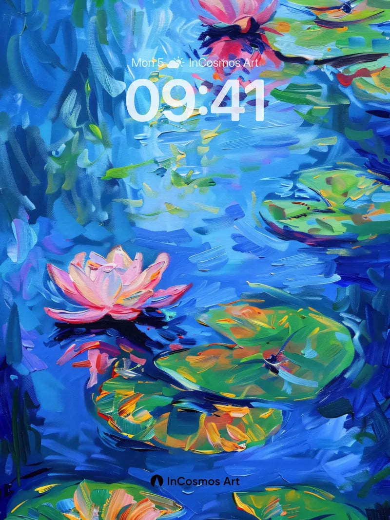 Luminous Waterlily Wallpaper with Monet's Brushstroke
