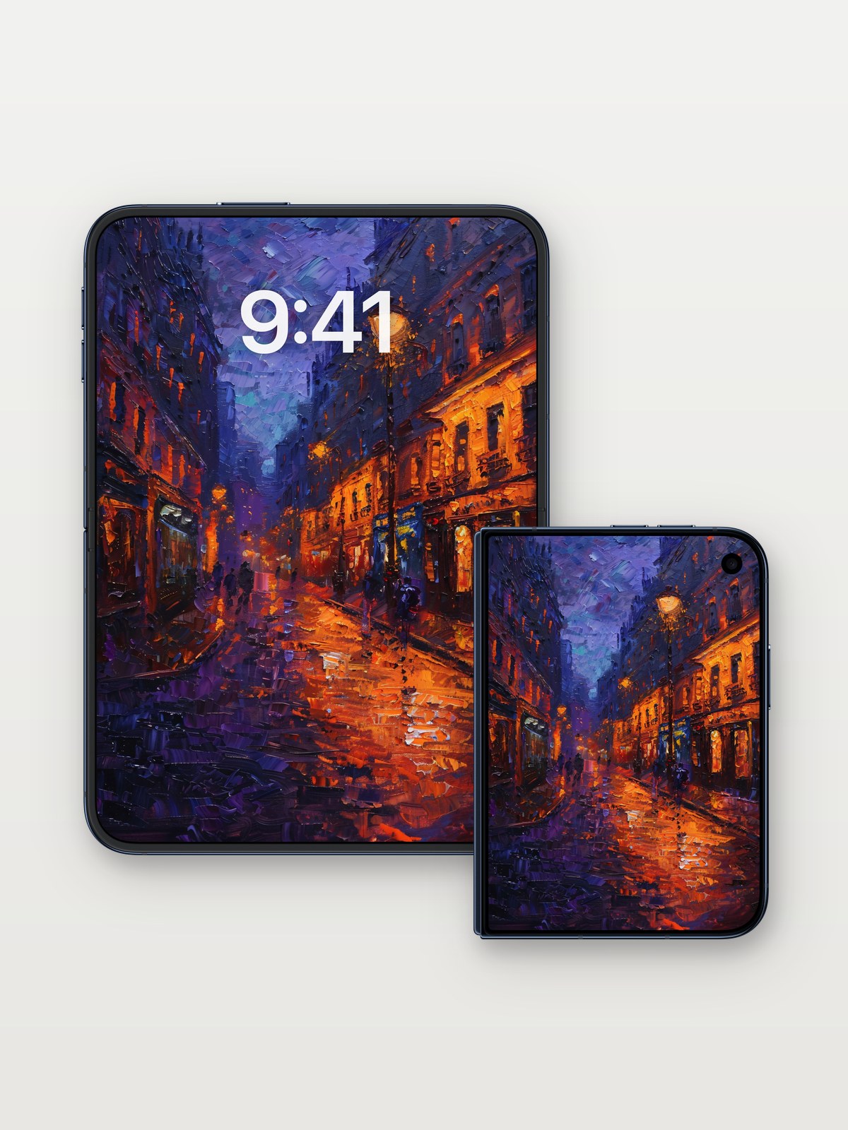 Nocturnal Ember Wallpaper with Rain-Kissed Reflections on iPhone Duo, open and closed