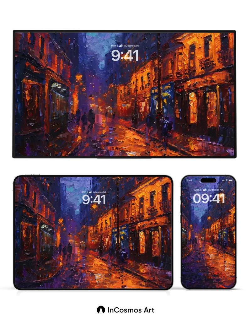 Nocturnal Ember Wallpaper with Rain-Kissed Reflections