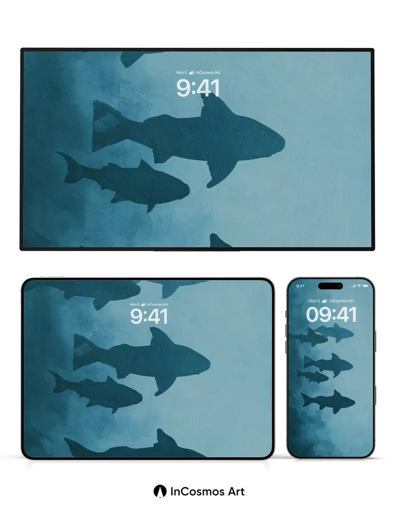 Silent Depths Wallpaper with Shadowed Sharks