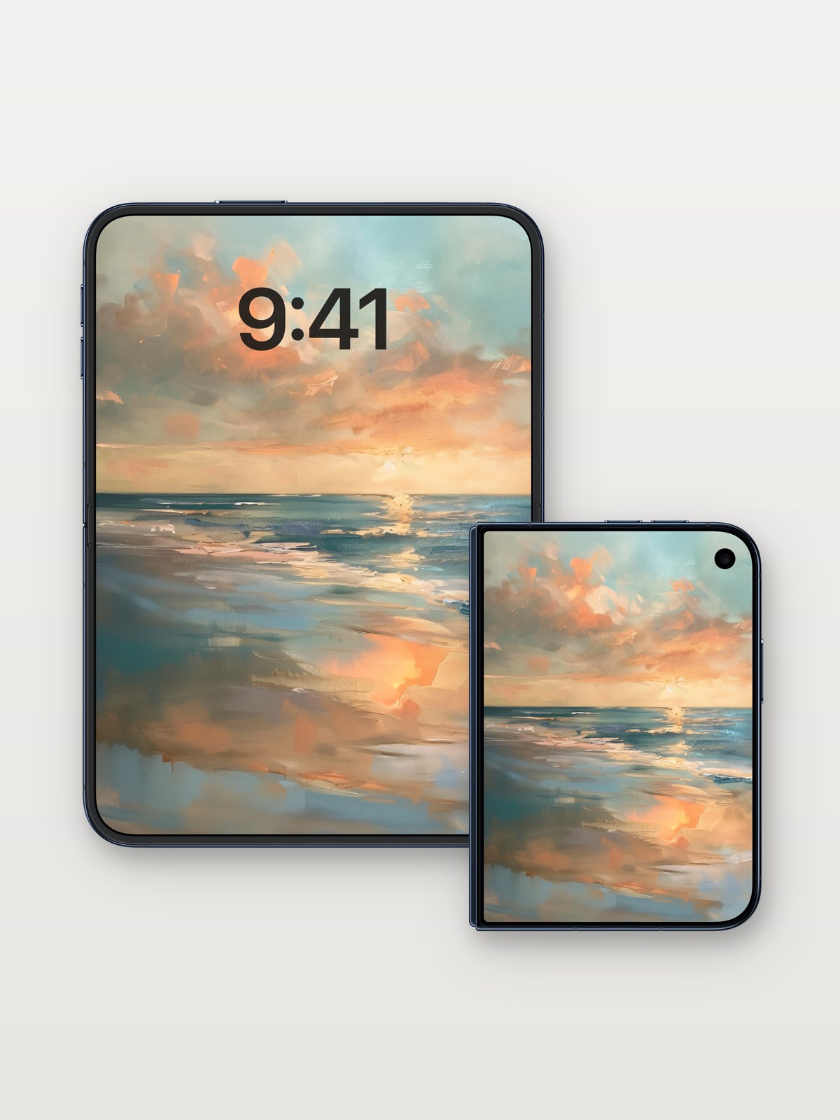 Serenity Drift Wallpaper with Golden Horizon on iPhone Duo, open and closed