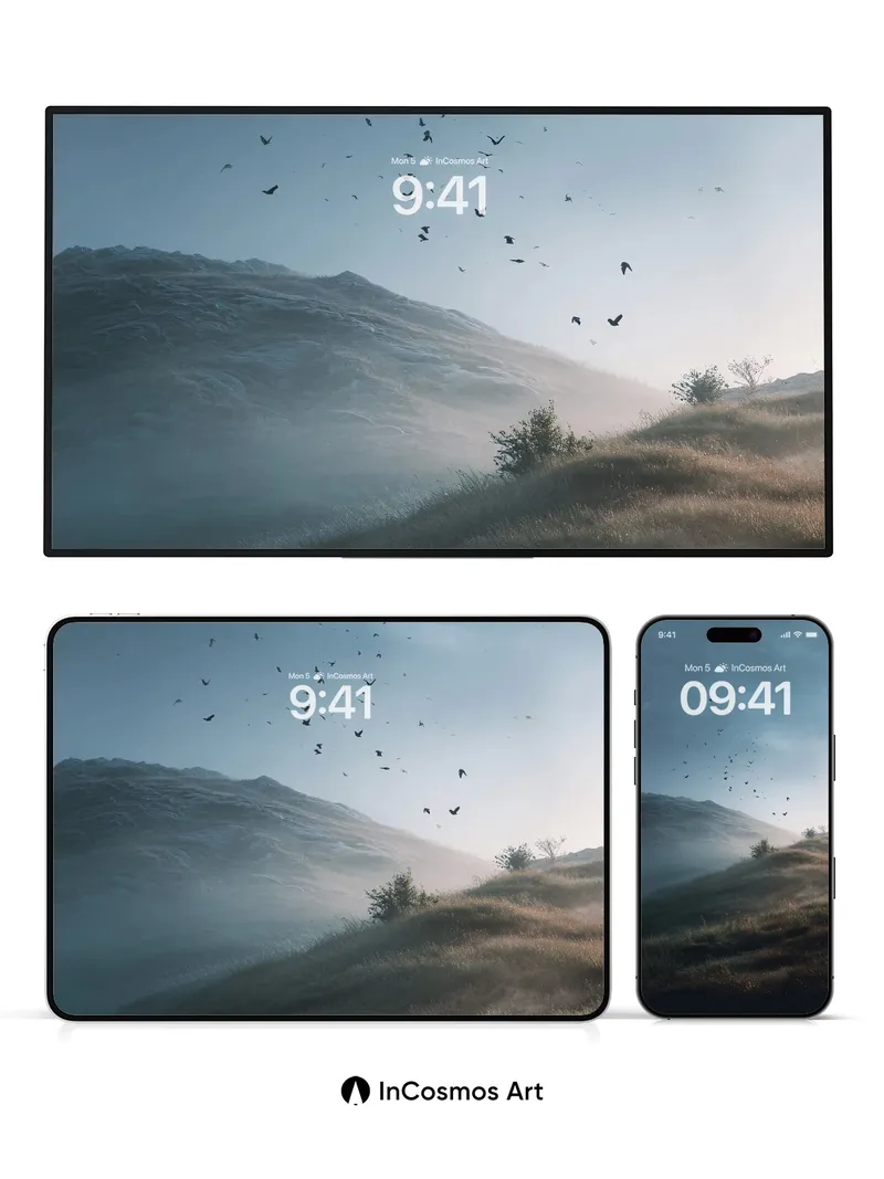 Mist-Swept Slope Wallpaper with Flock of Shadows
