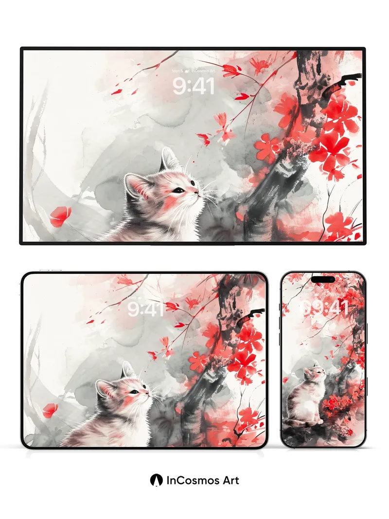 Serenity Cherry Bloom Wallpaper with Whiskered Gaze