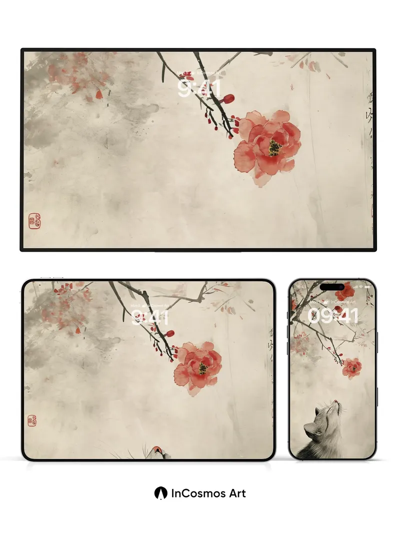 Whispering Cherry Wallpaper with Feline Gaze