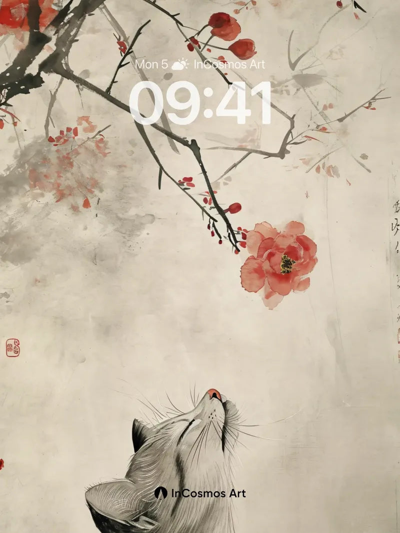 Whispering Cherry Wallpaper with Feline Gaze