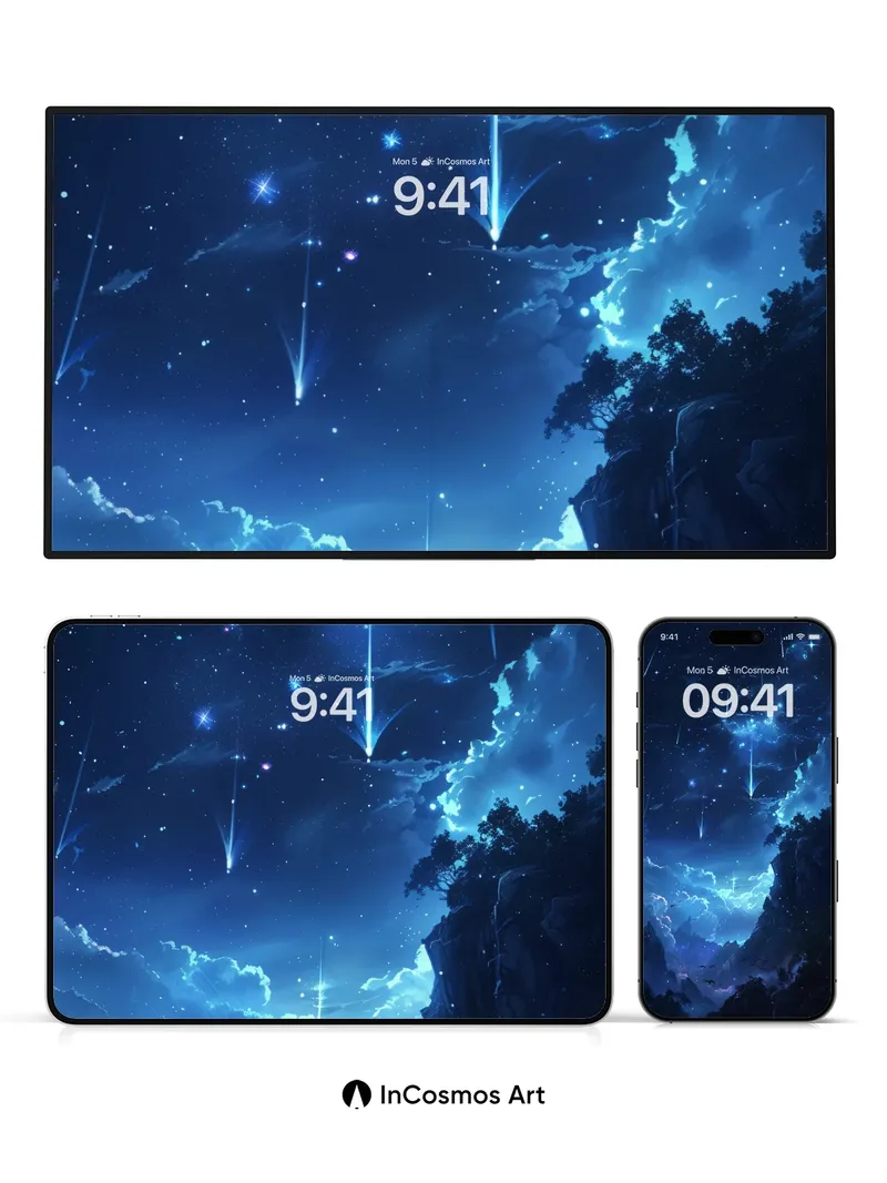 Celestial Cascade Wallpaper with Falling Stars