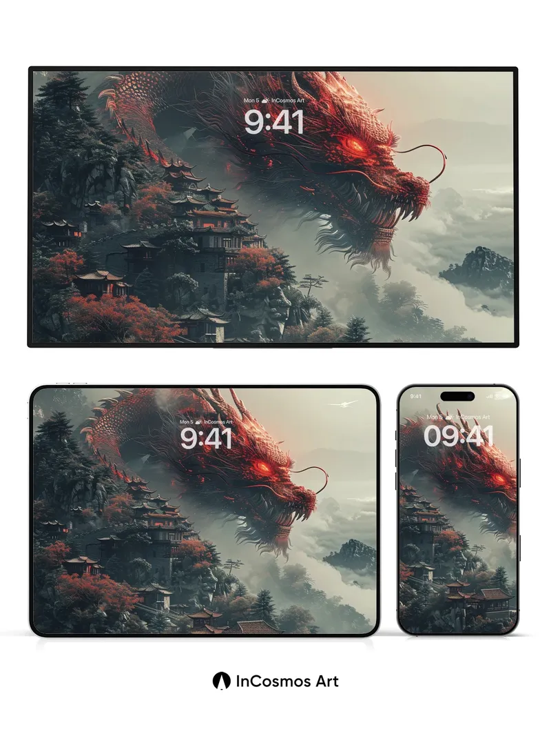 Crimson Serpent Wallpaper with Floating Temples