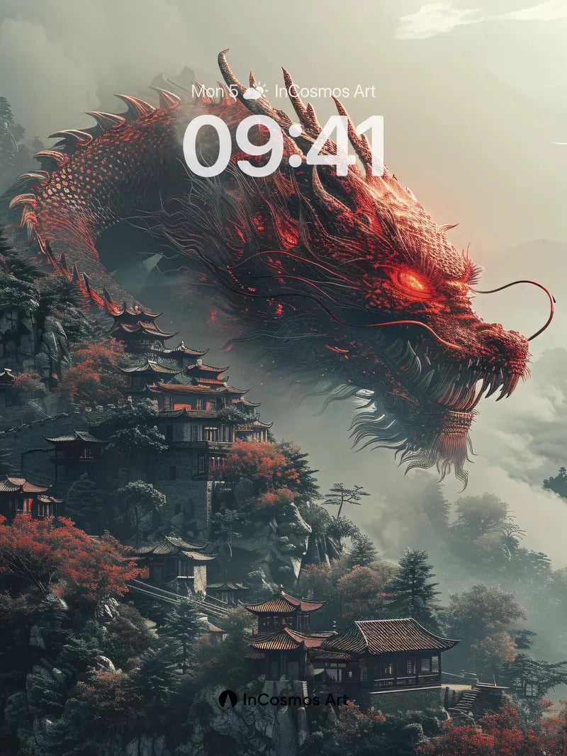 Crimson Serpent Wallpaper with Floating Temples