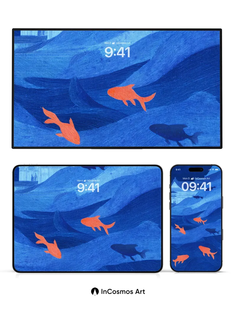 Serene Wave Wallpaper with Crimson Fish