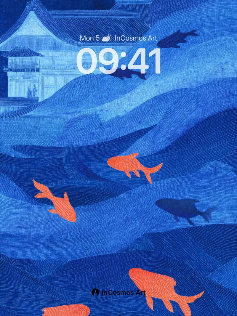 Serene Wave Wallpaper with Crimson Fish