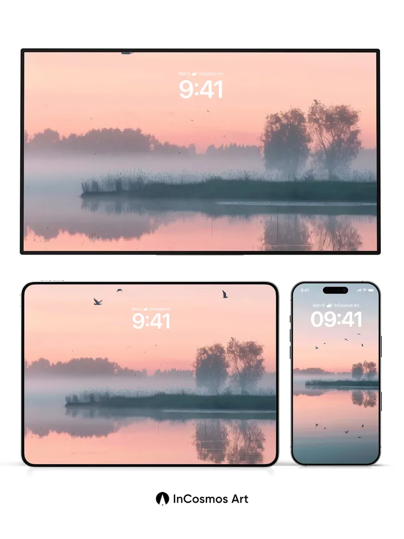 Serene Dawn Wallpaper with Flying Silhouettes