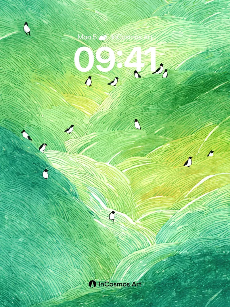 Whispering Green Waves Wallpaper with Silent Birds