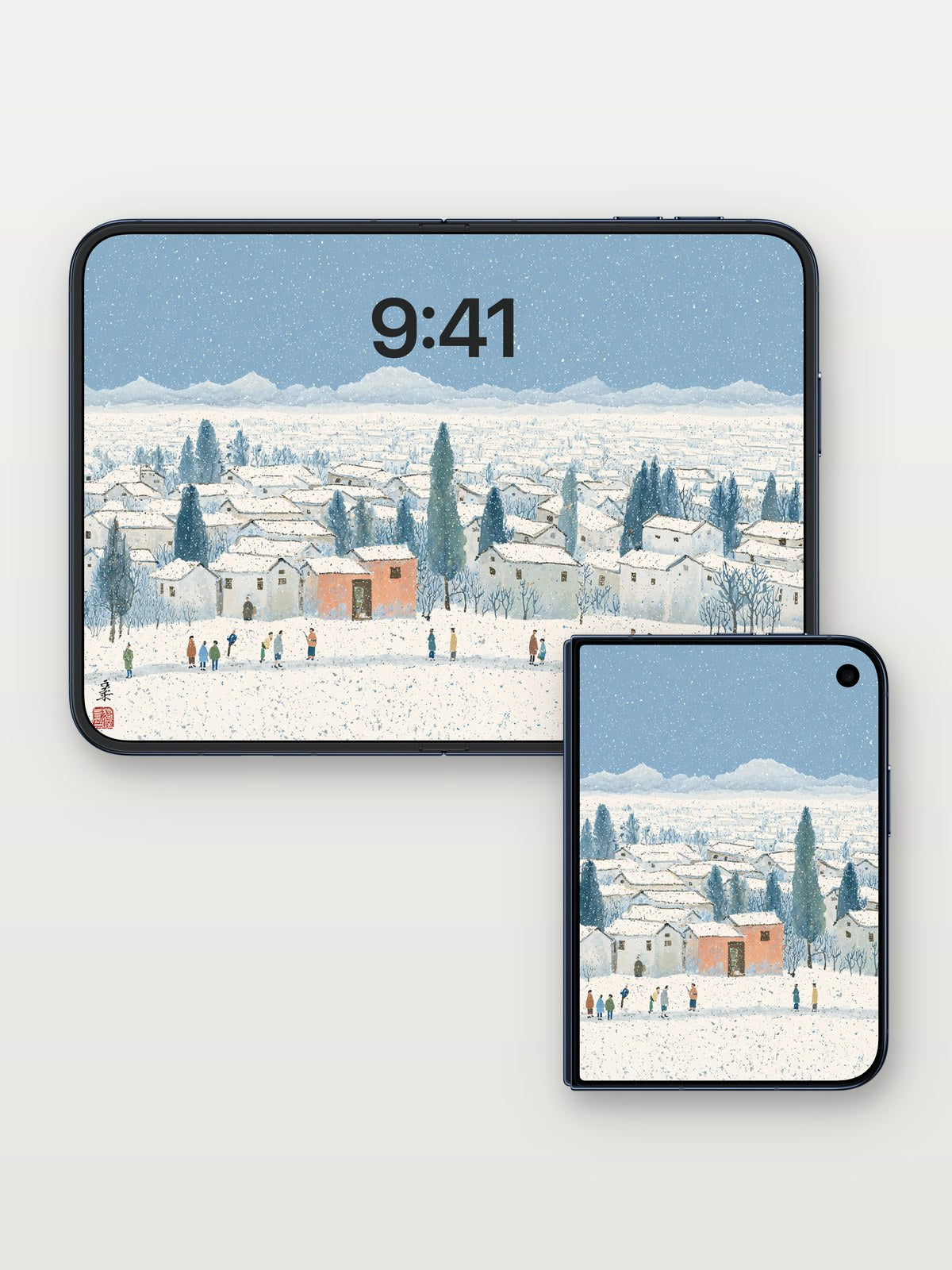 Winter Village Serenity Snowfall Background on iPhone Duo, open and closed