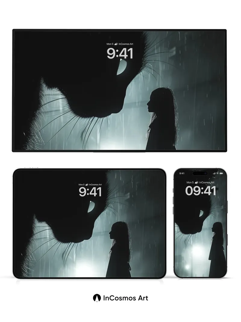 Silent Rainfall Wallpaper with Giant Cat Shadow