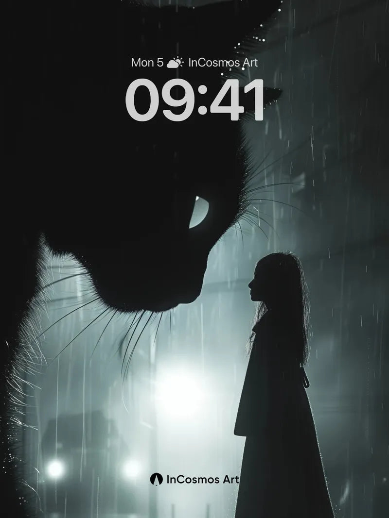 Silent Rainfall Wallpaper with Giant Cat Shadow