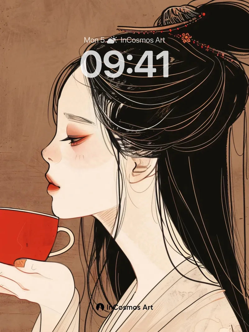Serene Ink Portrait Wallpaper with Red Tea Moment wallpaper for iPhone, iPad & Mac