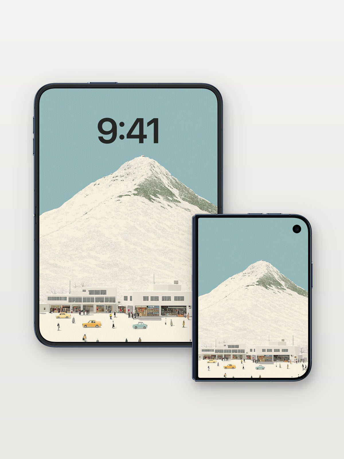 Serene Snowcone Wallpaper with Modern Base on iPhone Duo, open and closed